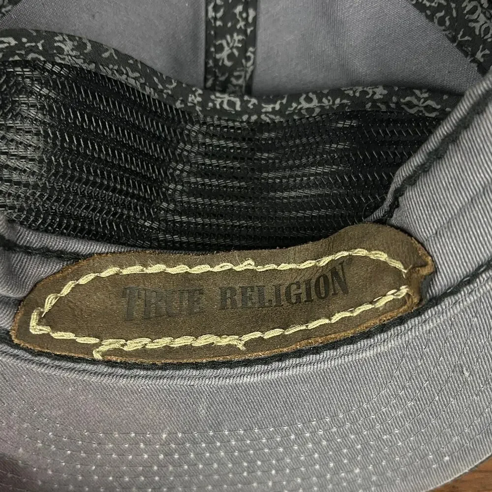 True Religion Mens OS‎ Designer Streetwear Black Spellout Leather Strapback Hat